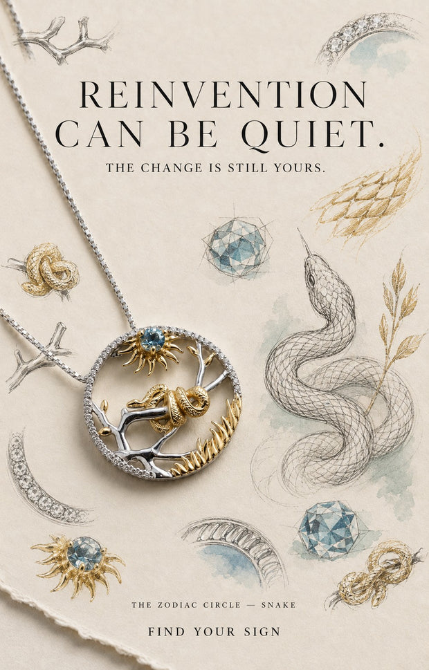 Snake — The Zodiac Circle. Gold snake on a branch with Swiss blue topaz inside a pavé circle, on illustrated paper.