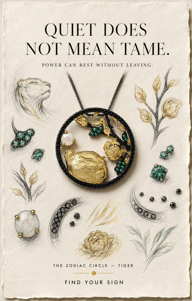 Tiger — The Zodiac Circle. Gold tiger with green accents and African opal in a black circle, on illustrated paper.