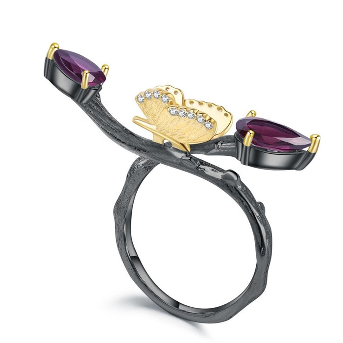 The Turning Wing — Rhodolite Garnet Butterfly Ring