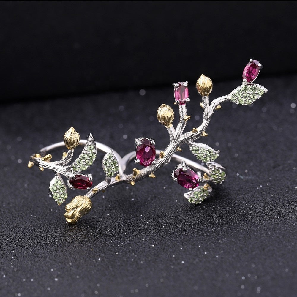 Rhodolite garnet tree double-finger ring in sterling silver