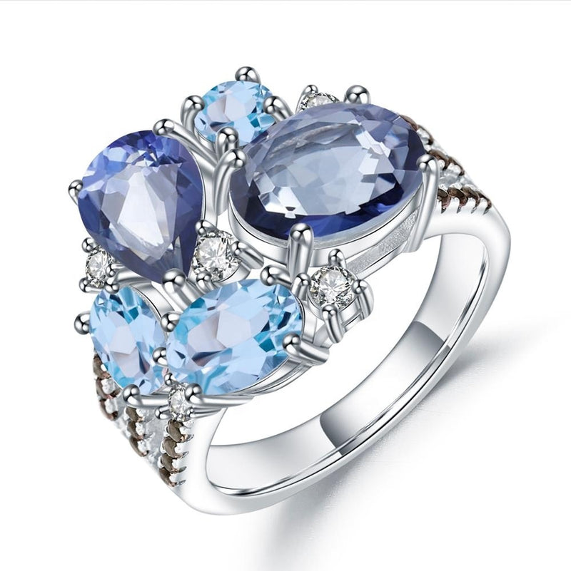 Mystic quartz and topaz cluster ring in sterling silver