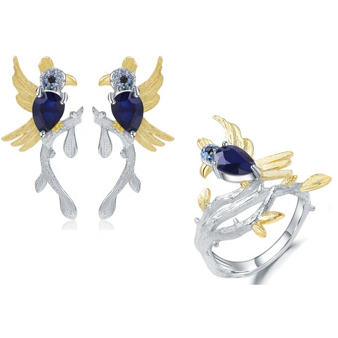 Blue sapphire bird ring and earrings in sterling silver