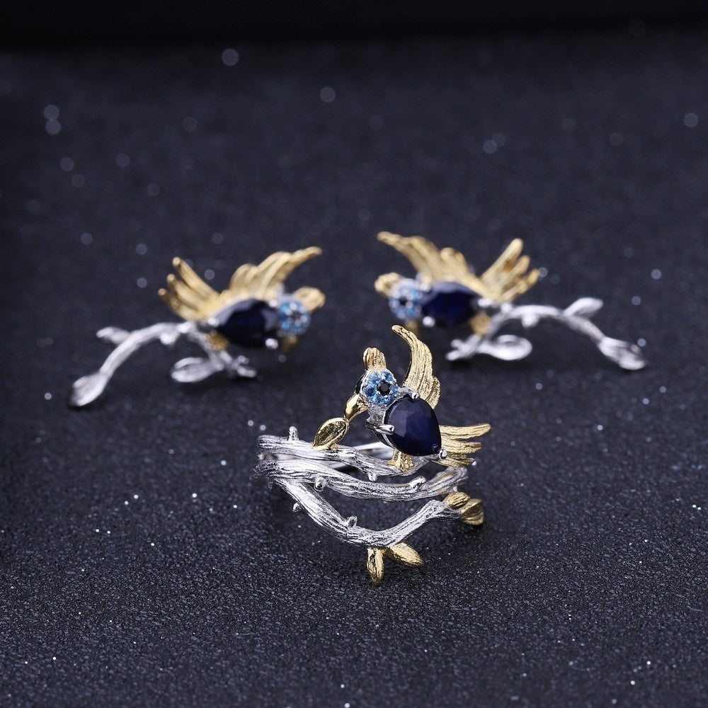 Sapphire Flight — Blue Sapphire Bird Ring & Earrings