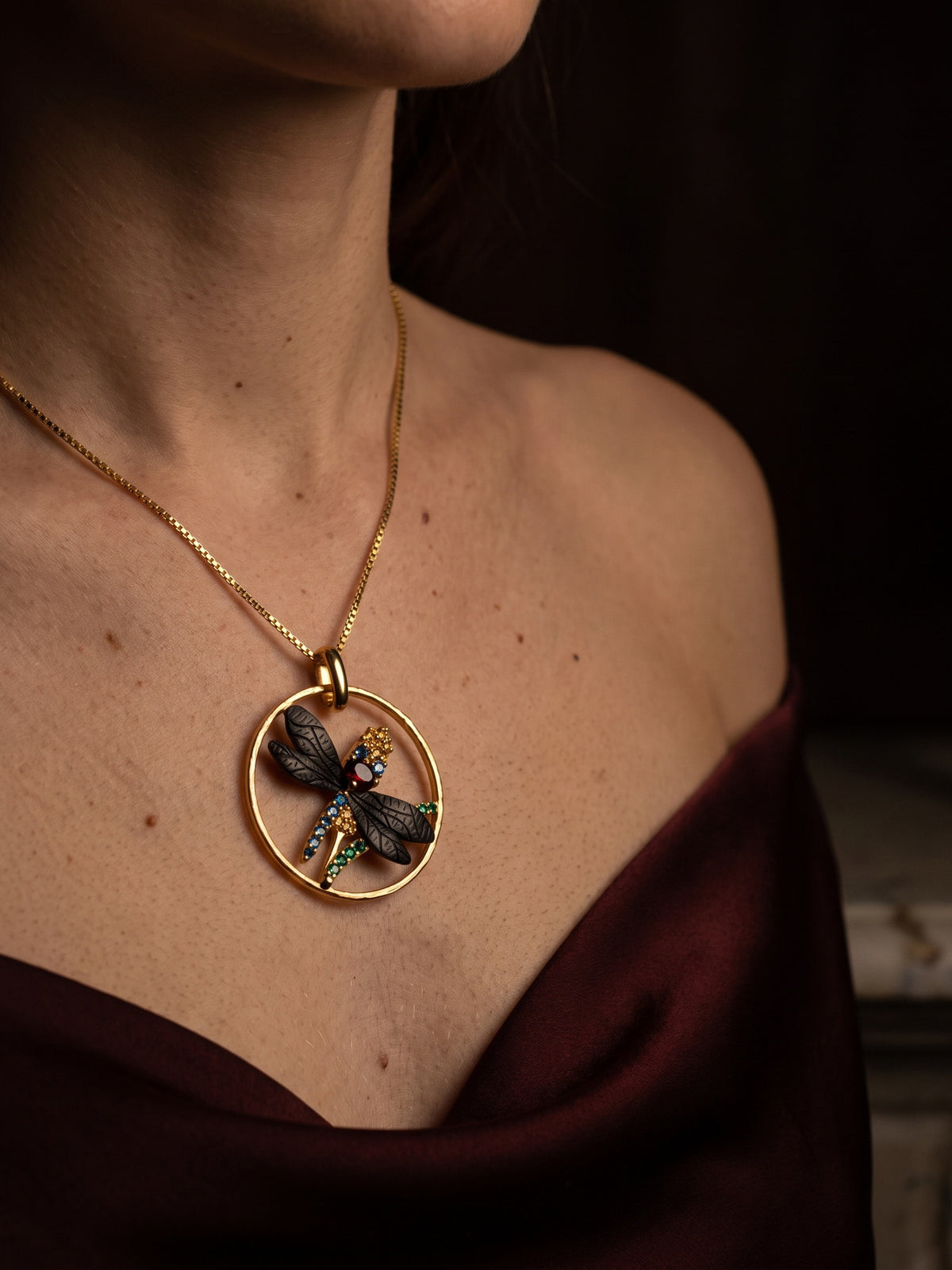 Quick Wing — Black Garnet Dragonfly Necklace