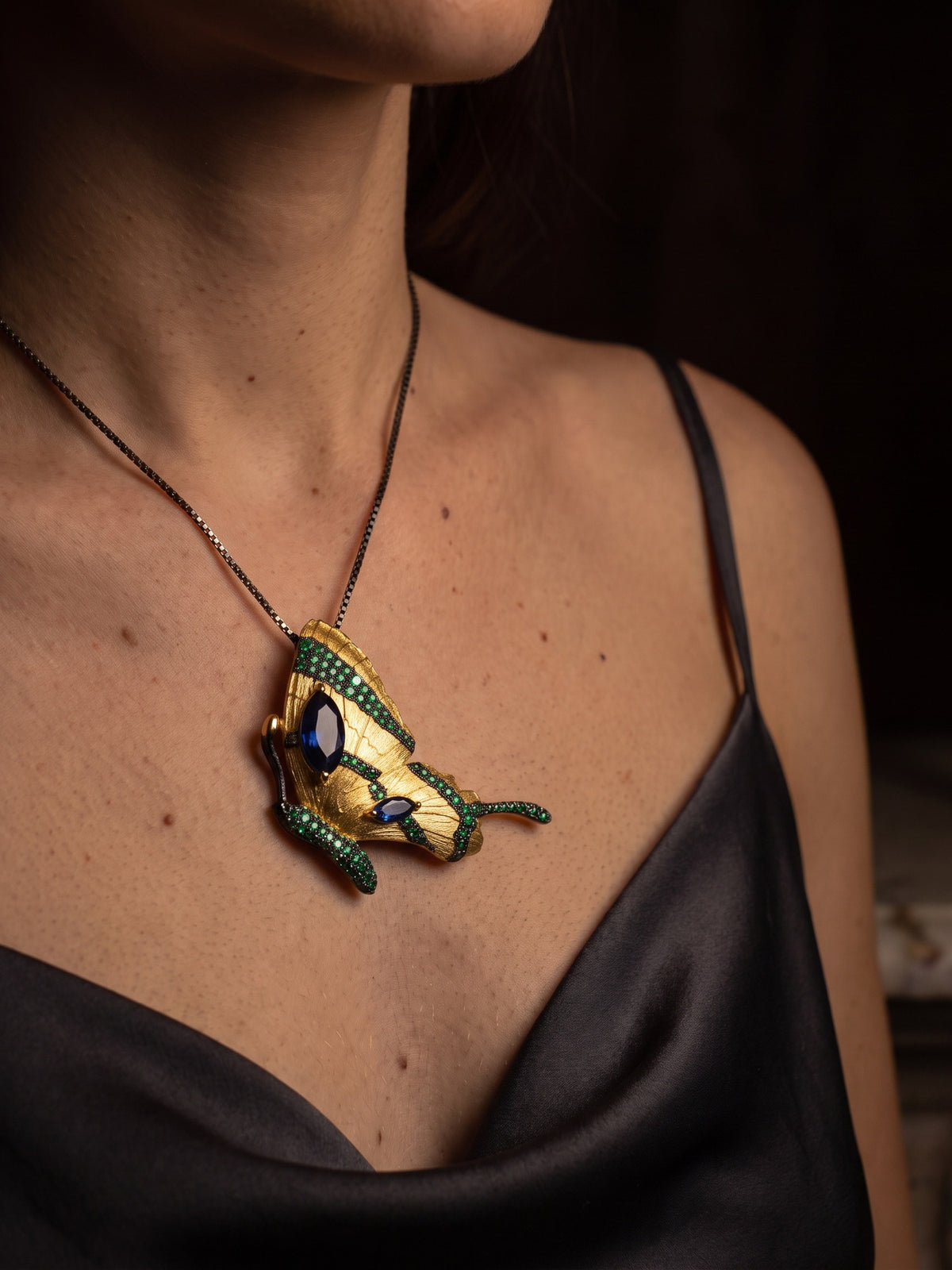 Sapphire Wing — Blue Sapphire Butterfly Necklace and Brooch