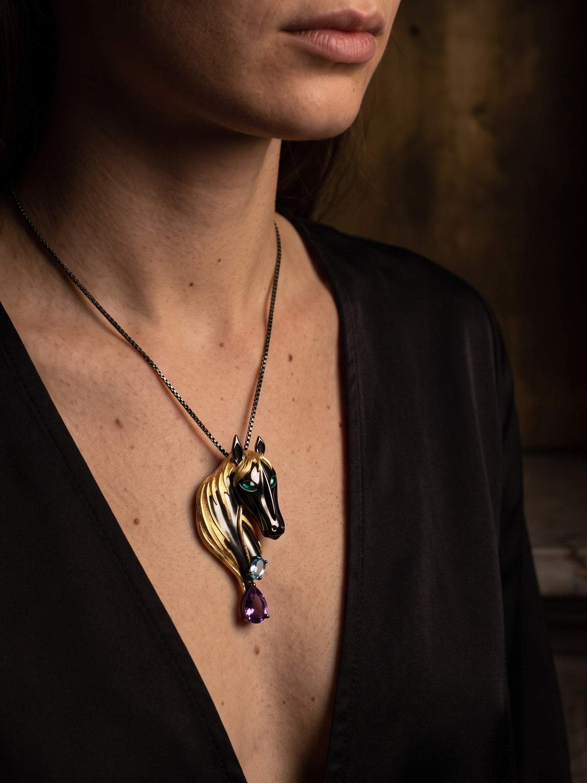 Unbridled — Amethyst & Blue Topaz Horse Necklace and Brooch